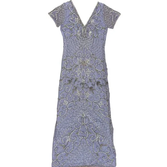 NEW Women's PISARRO NIGHTS Beaded Mesh Midi Cocktail Dress/Gown VioletSize  8